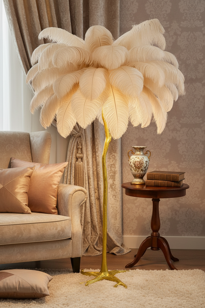 LAMPADAIRE VELONA-ERM PLUME D'AUTRUCHE BEIGE 80x170cm