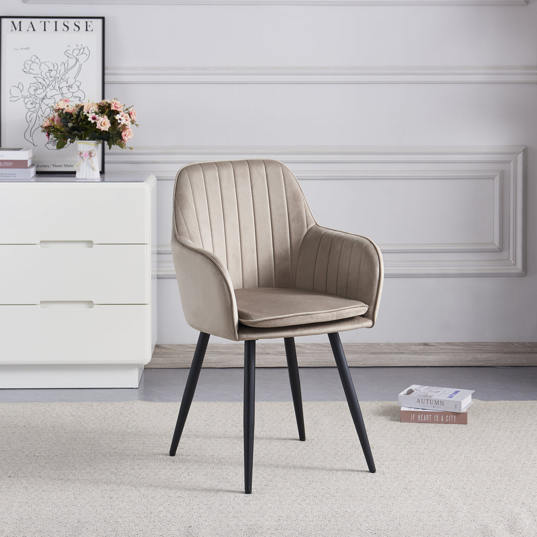 CHAISE AVEC ACCOUDOIR KANVAS-ERM PIEDS METAL NOIR VELOURS TAUPE