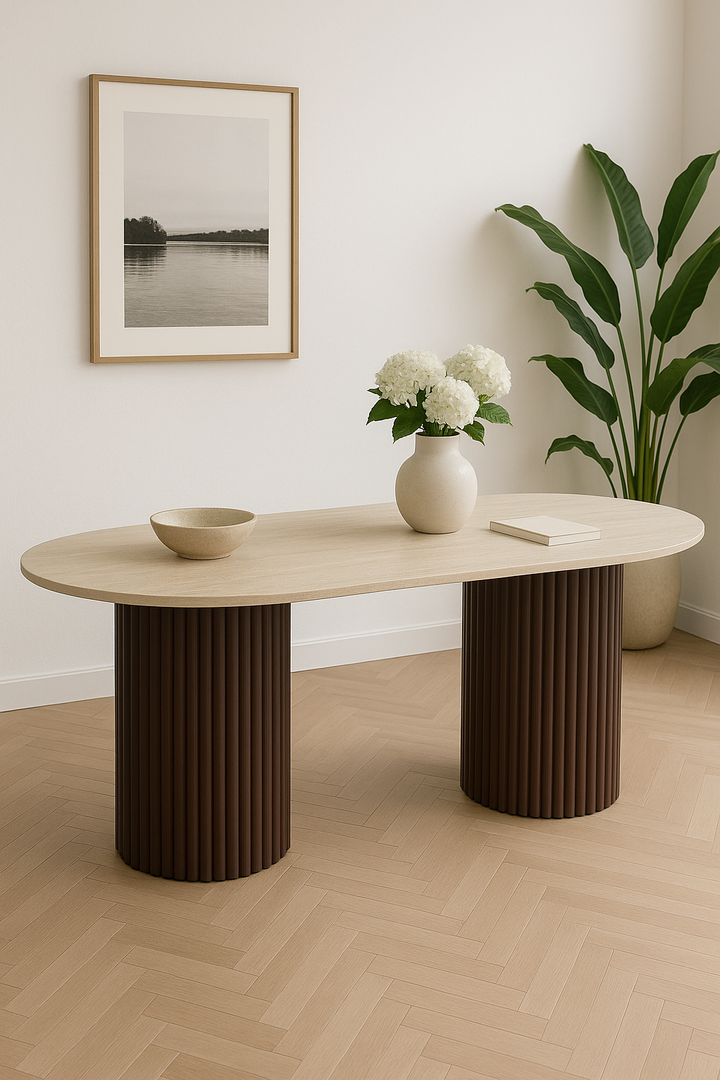 TABLE A MANGER KEYSHA PIED TRAVERTIN PLATEAU CERAMIQUE TRAVERTIN MAT 180x90x75 CM