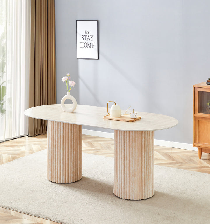 TABLE A MANGER KEYSHA PIED TRAVERTIN PLATEAU CERAMIQUE TRAVERTIN BRILLANT 180x90x75 CM