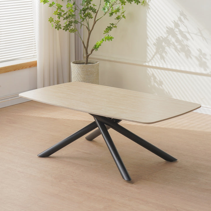 TABLE BASSE NYSA PIED METAL NOIR CERAMIQUE TRAVERTIN MAT 120x70x45cm