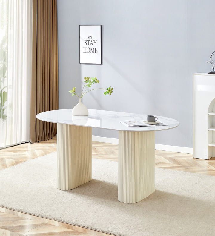 TABLE A MANGER SELENA PIED BEIGE PLATEAU CERAMIQUE MARBRE BLANC 180x90cm