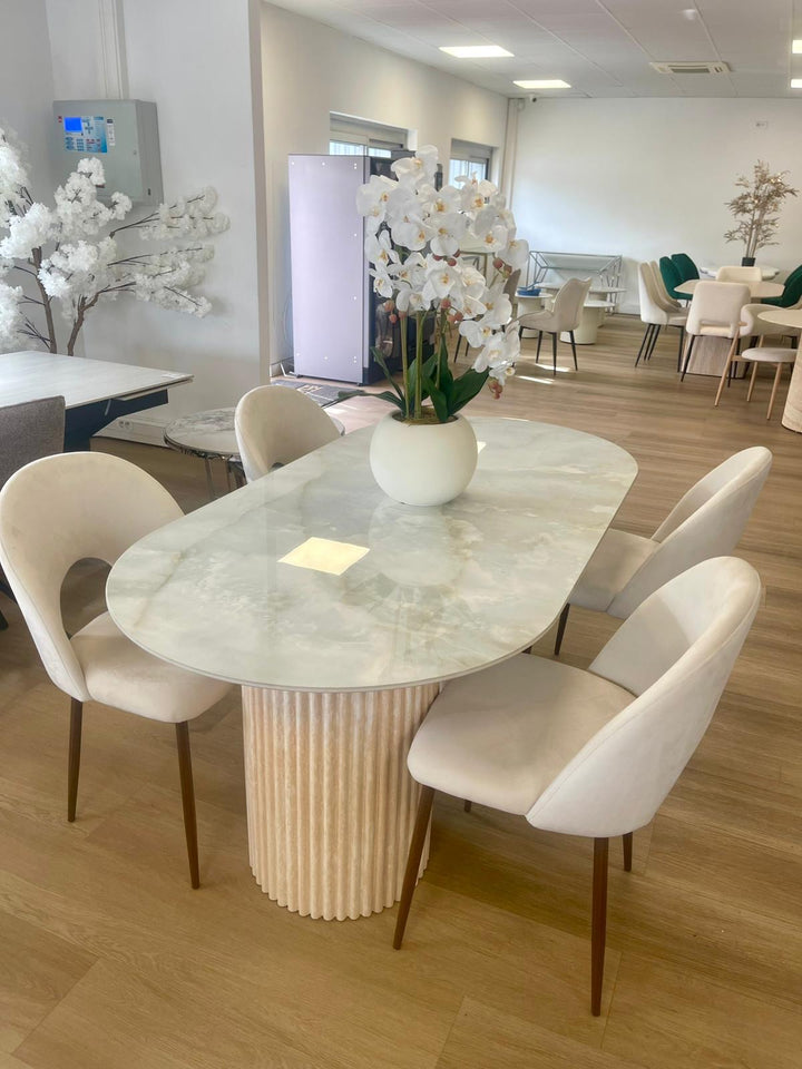 TABLE A MANGER KEYSHA TRAVERTIN CERAMIQUE MOKA 180x90cm