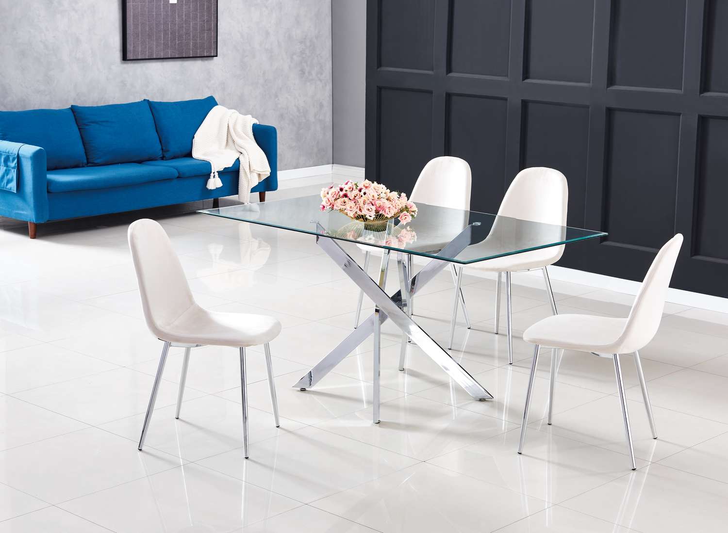 Table Repas JESSICA XXL Chrome et plateau en verre 180 cm 6 à 8 couverts