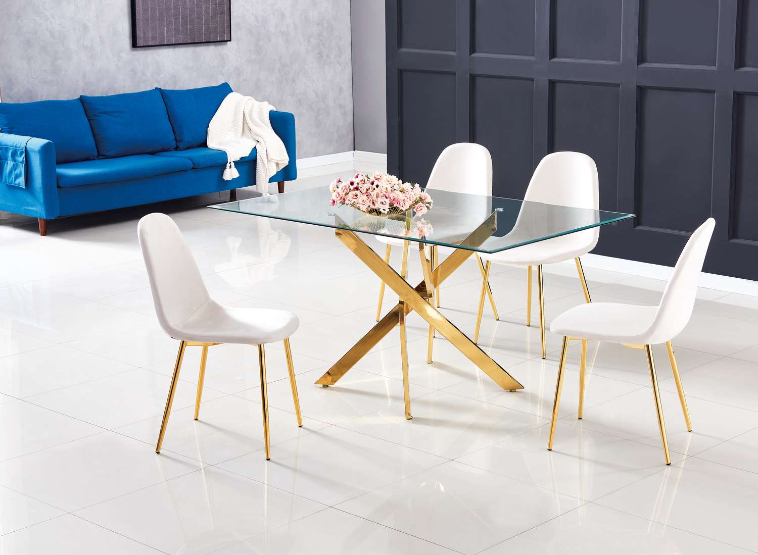 Table Repas JESSICA XXL Gold et plateau en verre 180 cm 6 à 8 couverts