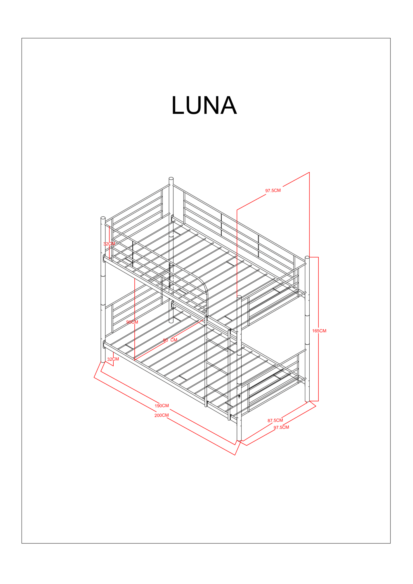 Pack : Lit superposé + Matelas compris Séparable métal LUNA 1+1 90x190 cm sommier inclus