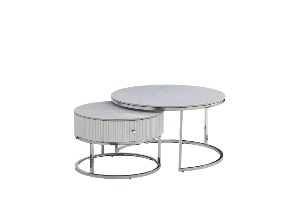 TABLE BASSE GIGOGNE SAMIRA AVEC TIROIR CHROME CERAMIQUE MARBRE BLANC 80+60cm