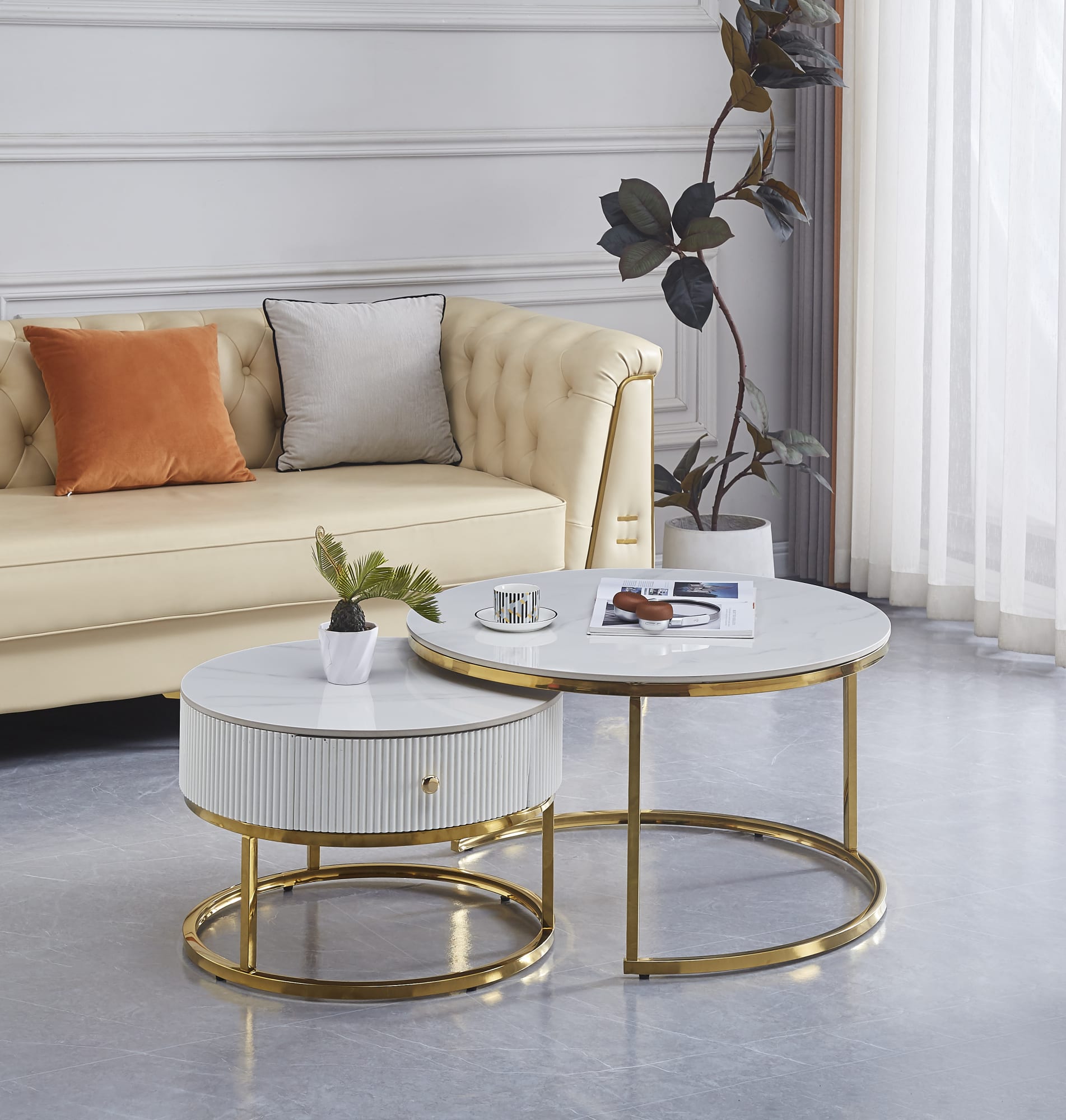 TABLE BASSE GIGOGNE SAMIRA AVEC TIROIR GOLD CERAMIQUE MARBRE BLANC 80+60cm