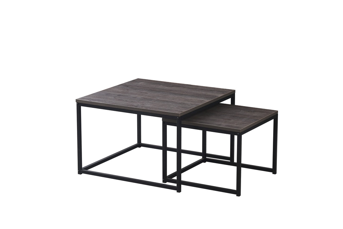 TABLE BASSE BELGRADE PIED METAL NOIR BOIS GRIS 70X70X46 / 50X50X40CM