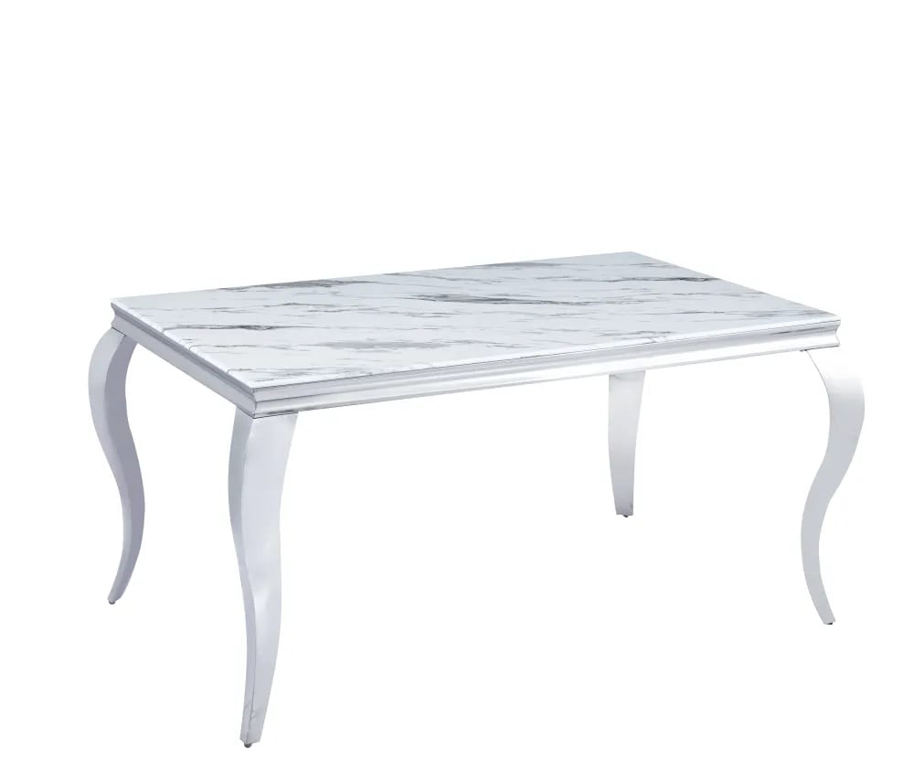 Table à manger BAROQUE 4 à 6 couverts pieds chrome plateau en verre 150x90 cm