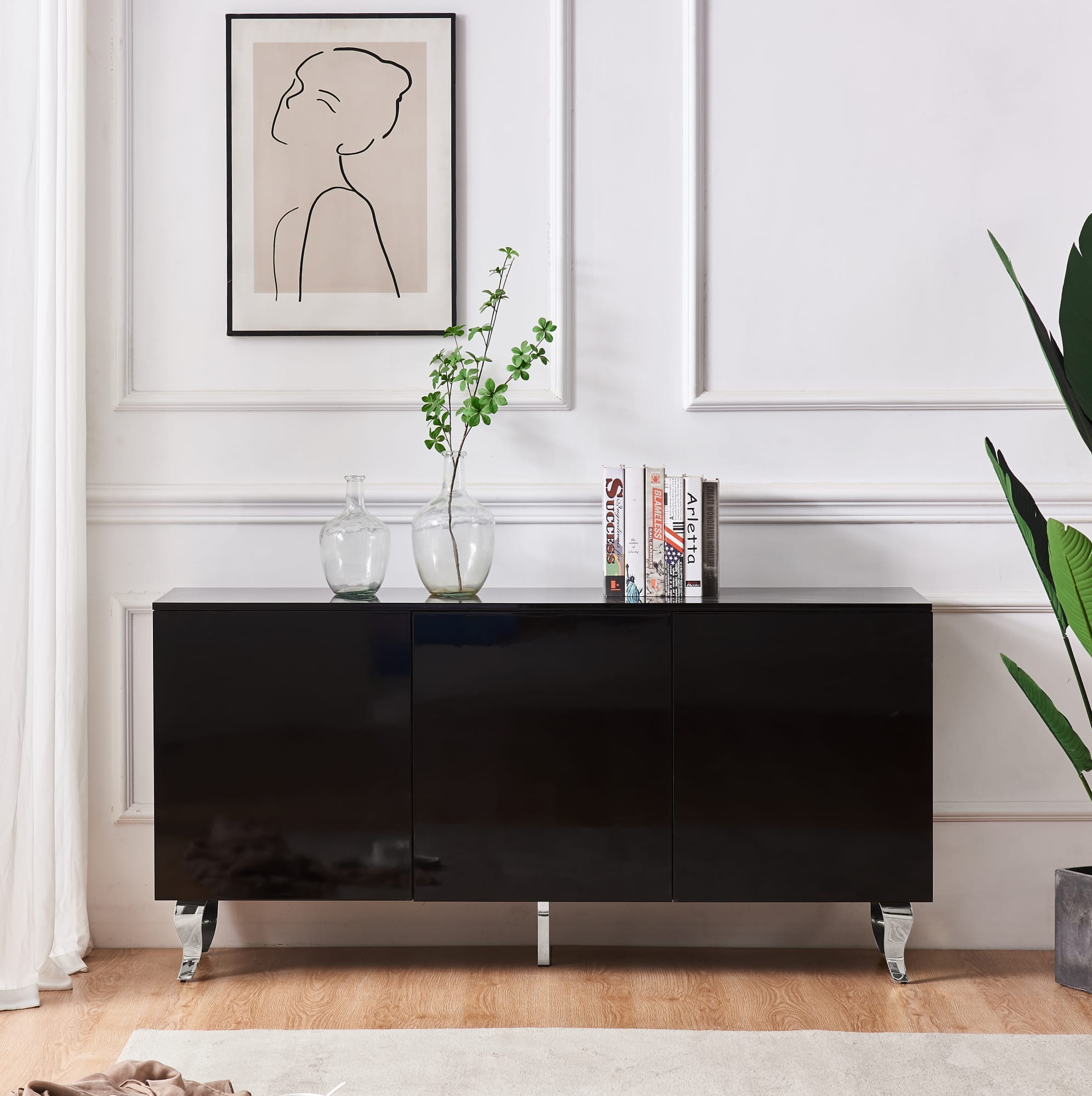 BUFFET BAROQUE LAQUE NOIR 3 PORTES 160X40X80 CM PIEDS CHROME