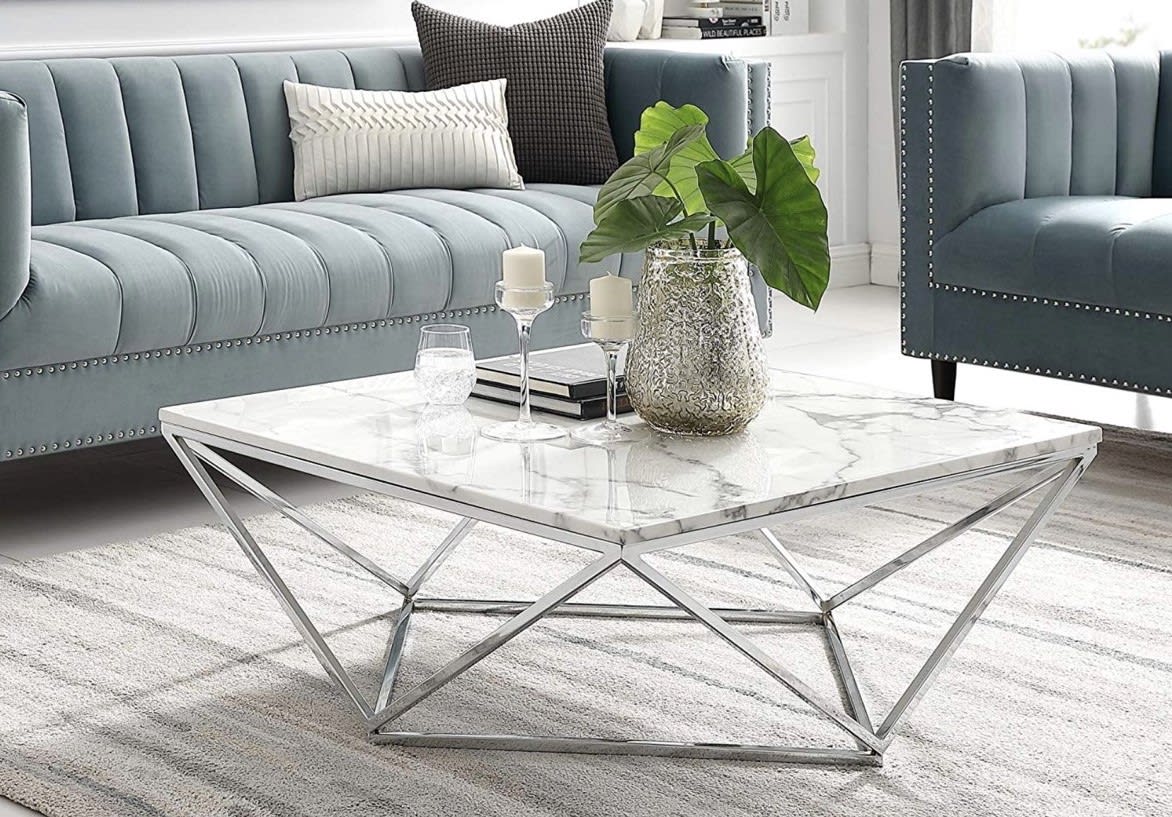 TABLE BASSE ALINA CHROME MARBRE BLANC 100x100x45 cm