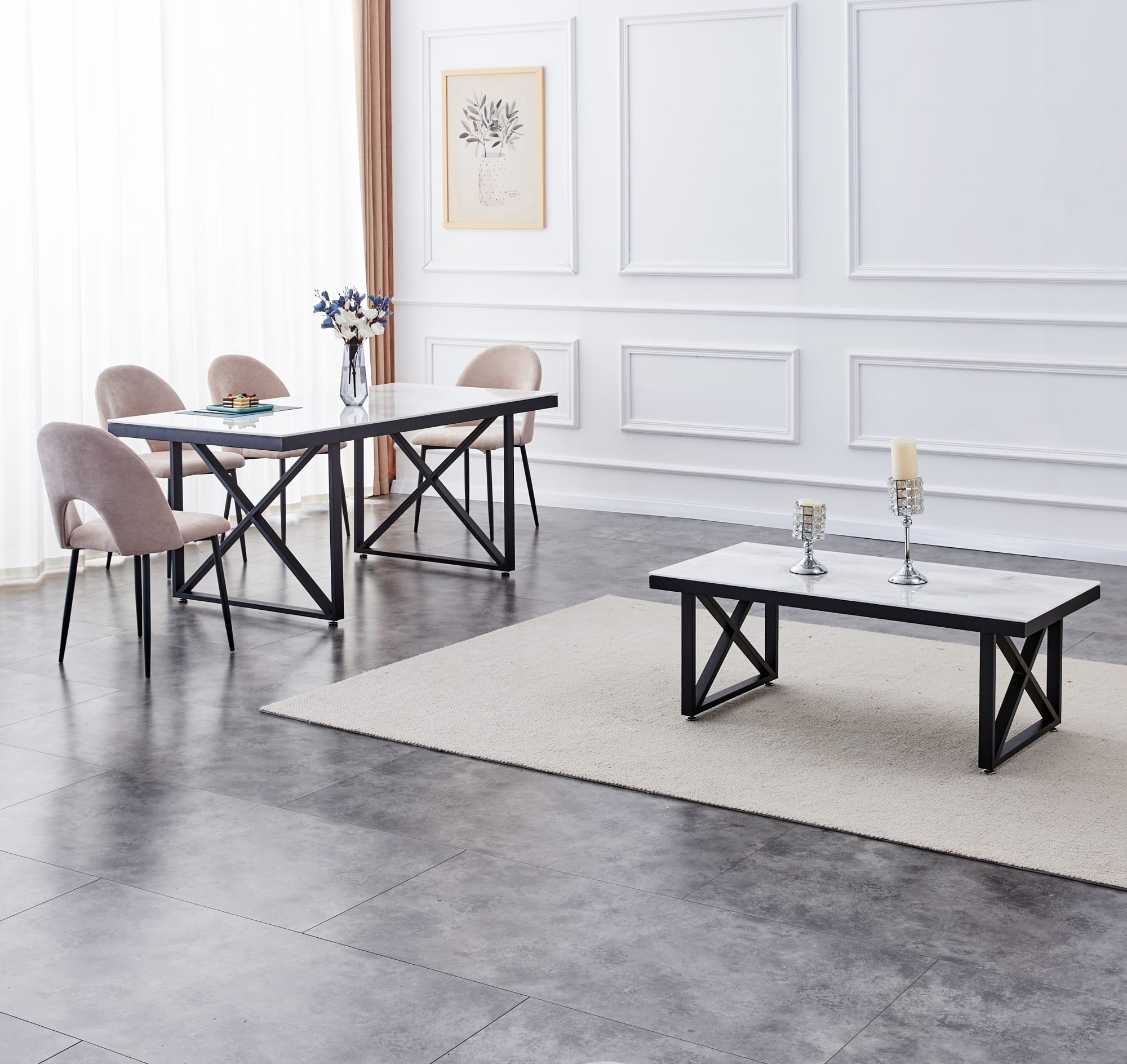TABLE REPAS LEVANTO METAL NOIR MARBRE BEIGE  180x90x75 cm