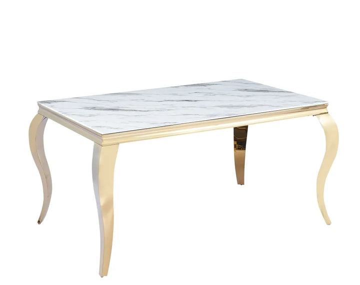Table à manger BAROQUE 6 à 8 couverts pieds gold plateau en verre 180x90 cm