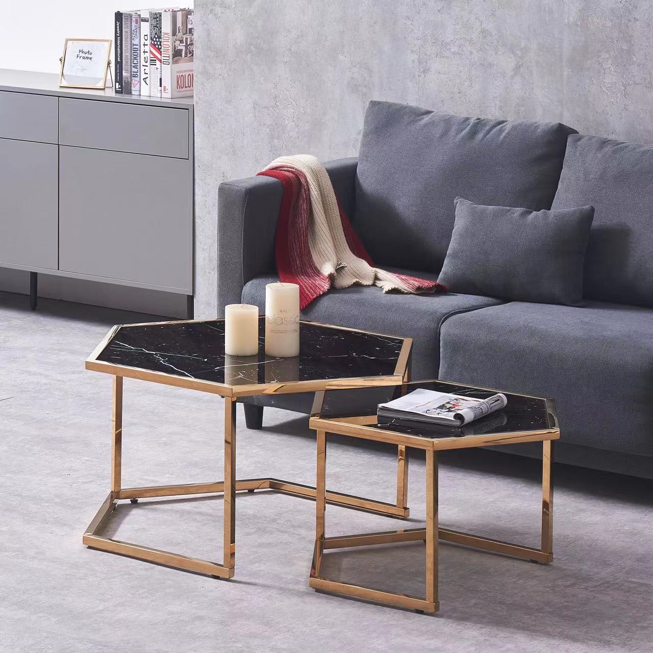 TABLE BASSE GIGOGNE HEXAGONA GOLD MARBRE NOIR 79x40.50 + 59x35.