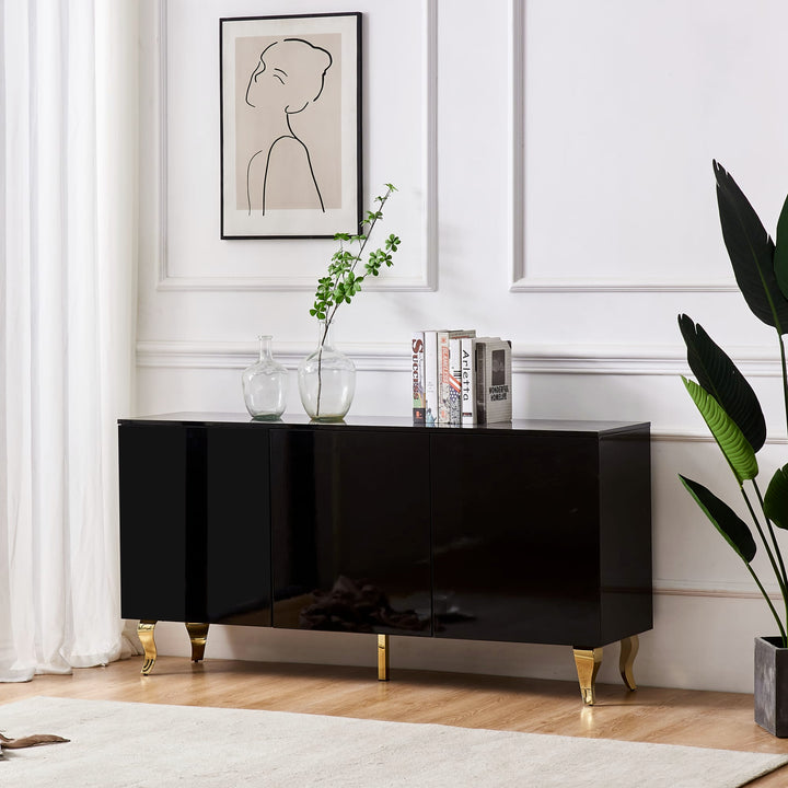 BUFFET BAROQUE LAQUE NOIR 3 PORTES 160X40X80 CM PIEDS GOLD