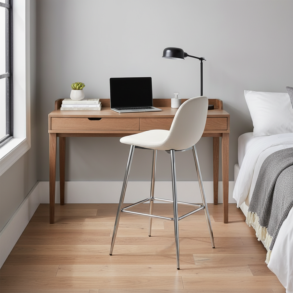 TABOURET DE BAR SCANDINAVE PIED CHROME VELOURS BEIGE