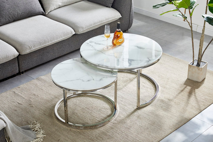 TABLE BASSE GIGOGNE CHROME MARBRE BLANC 80x45 cm