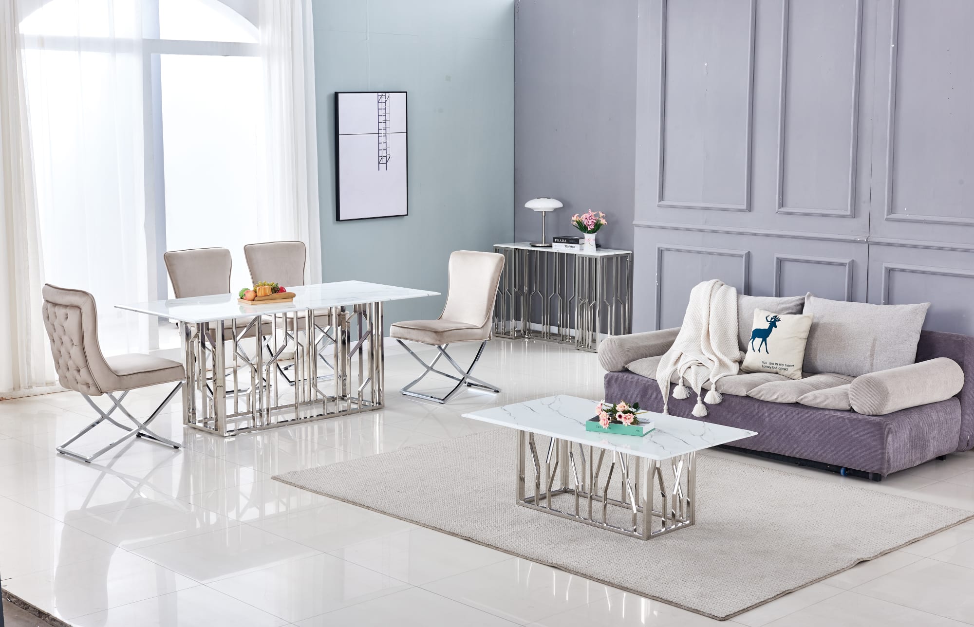 TABLE REPAS PORTOFINO CHROME MARBRE BLANC 180 x 90 CM