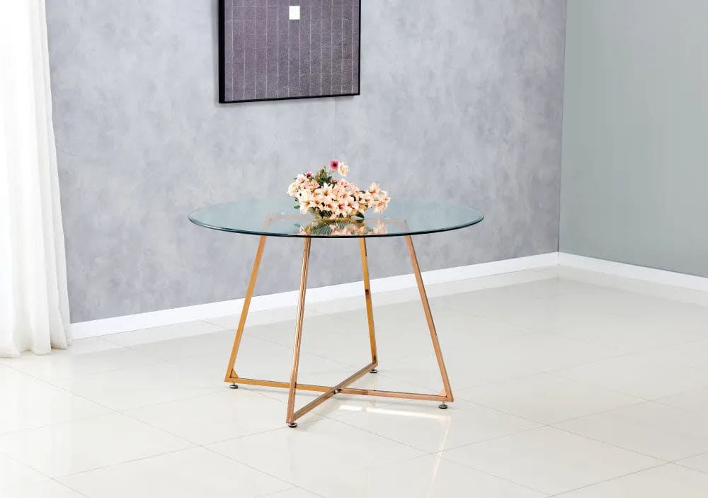 Table à manger ronde 4 personnes HELOISE Gold et plateau en verre D120 cm