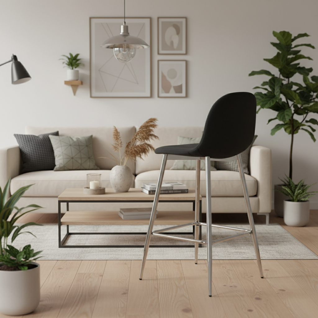 TABOURET DE BAR SCANDINAVE PIED CHROME VELOURS NOIR