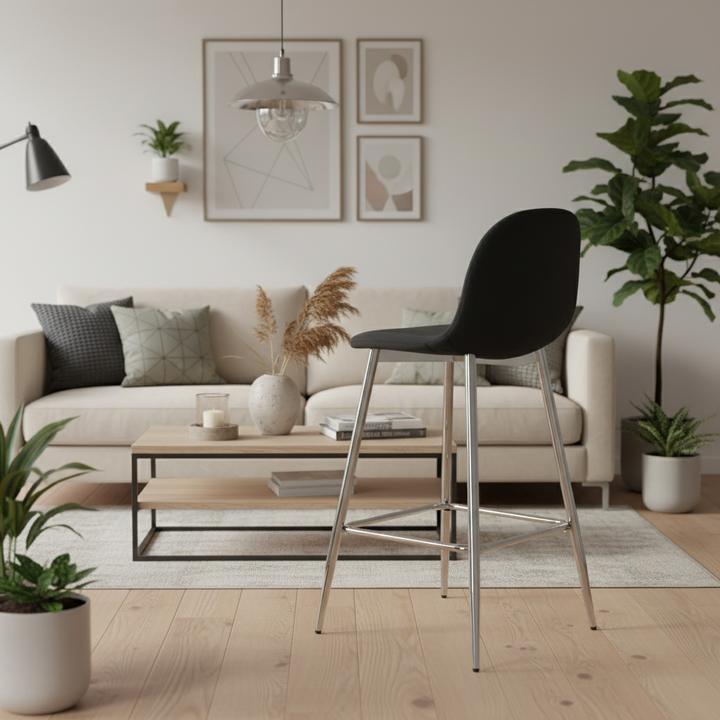 TABOURET DE BAR SCANDINAVE PIED CHROME VELOURS NOIR