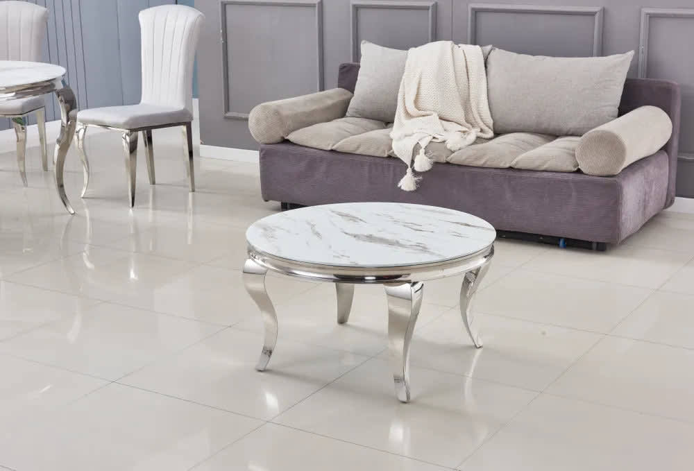 Table basse ronde baroque chrome et plateau en verre de 80 cm