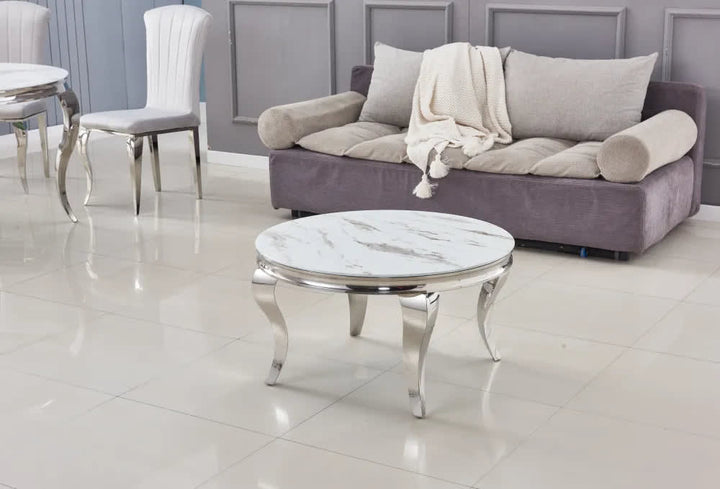 Table basse ronde baroque chrome et plateau en verre de 80 cm