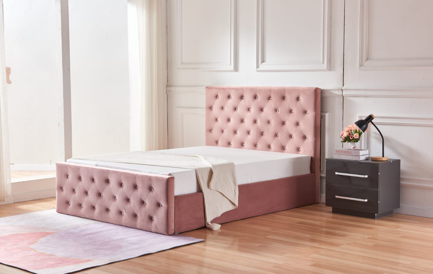 LIT COFFRE VICTORIA CAPITONNE AVEC DIAMANT VELOURS COFFRE ROSE