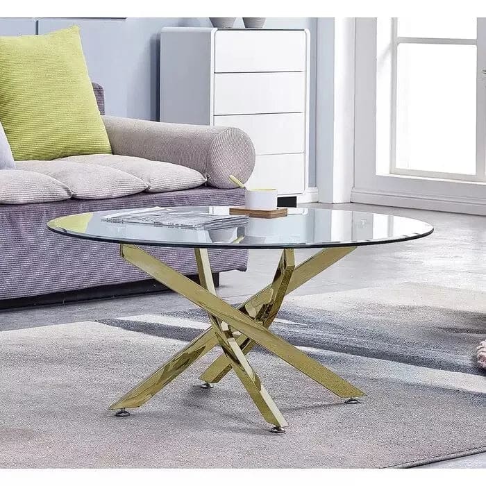 Table basse ronde JESSY pieds Gold et plateau en verre 80 cm