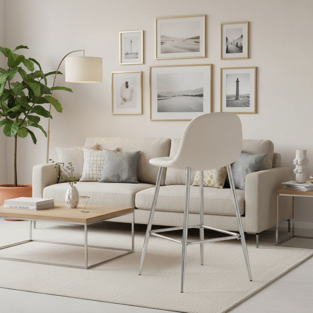 TABOURET DE BAR SCANDINAVE PIED CHROME VELOURS BEIGE