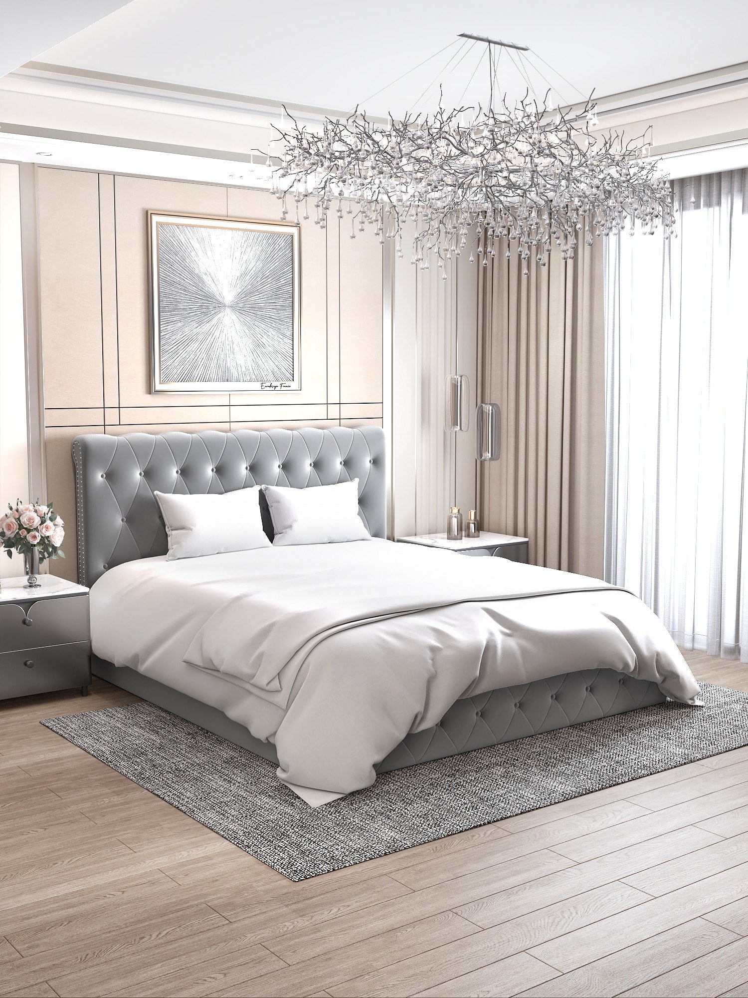 LIT COFFRE CORSICA EN VELOURS GRIS 140x190CM