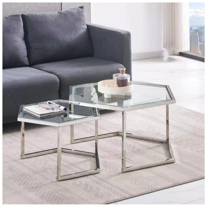 Lot de 2 tables basses Gigogne HEXAGONA structure chrome et plateau en verre