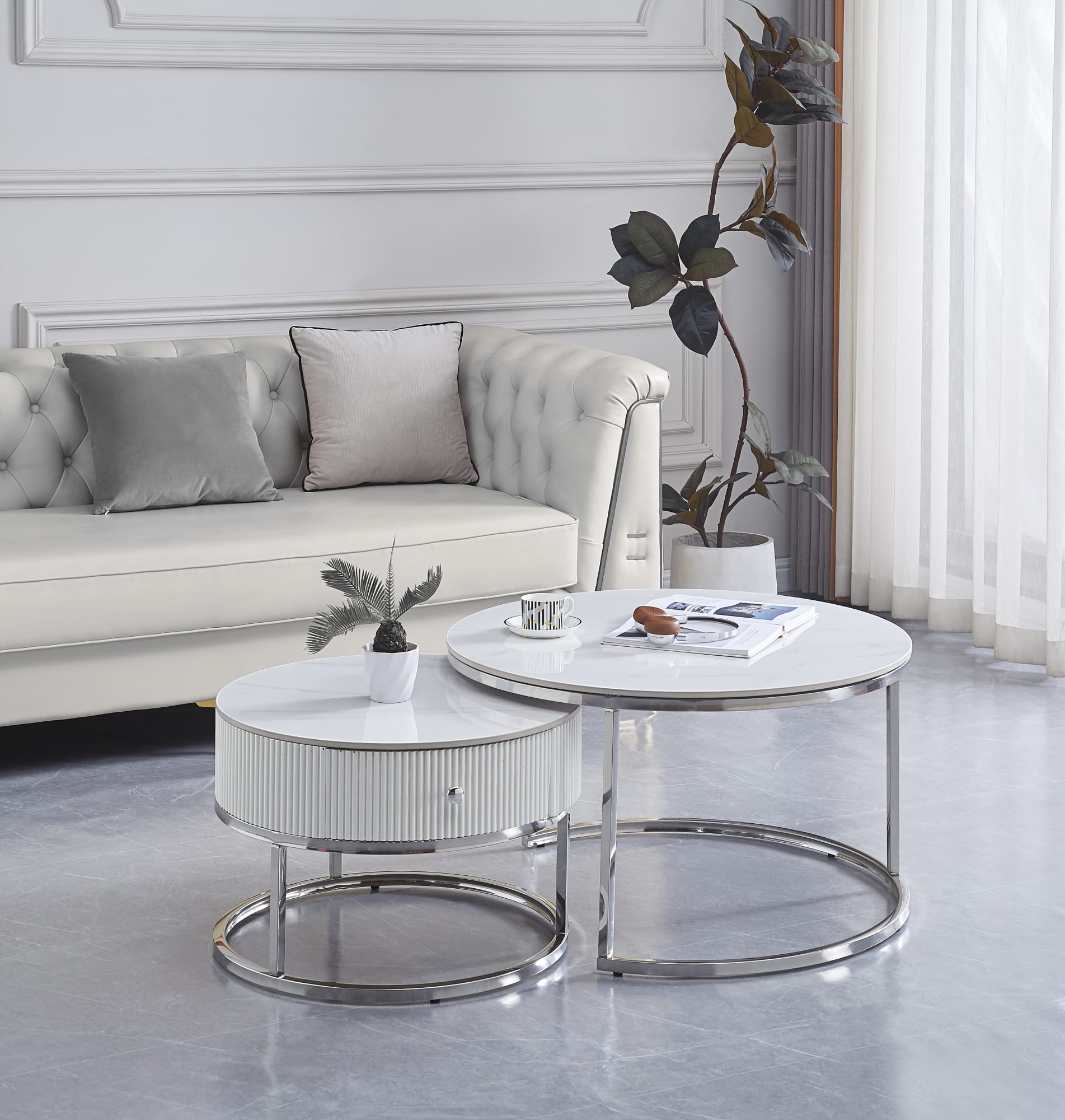 TABLE BASSE GIGOGNE SAMIRA AVEC TIROIR CHROME CERAMIQUE MARBRE BLANC 80+60cm