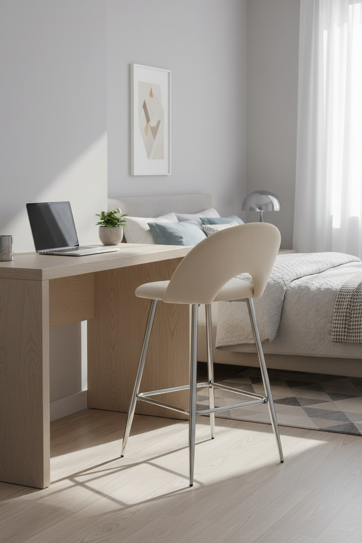 TABOURET DE BAR TEDDY PIED CHROME VELOURS BEIGE