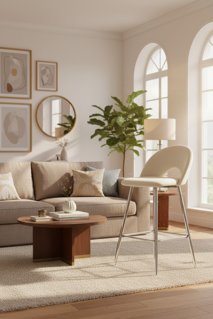 TABOURET DE BAR TEDDY PIED CHROME VELOURS BEIGE