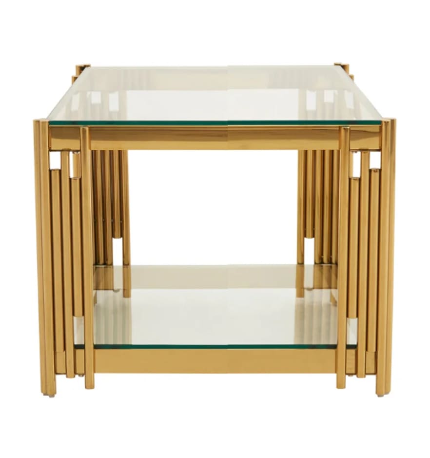 GUERIDON FLUTE GOLD DOUBLE PLATEAU TRANSPARENT 50X50X55CM