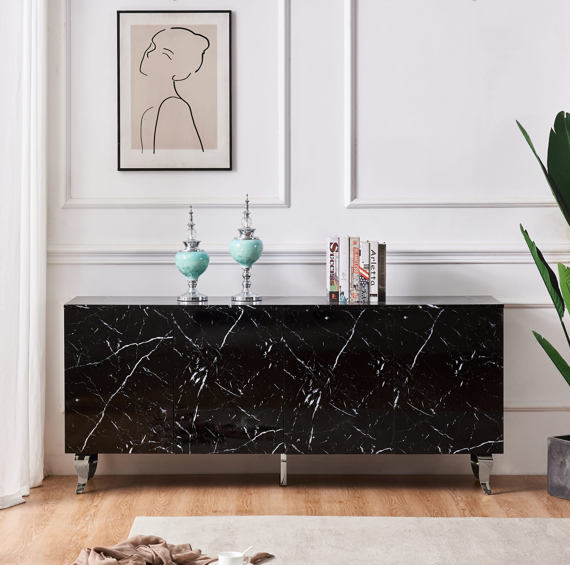 BUFFET BAROQUE LAQUE MARBRE NOIR 4 PORTES 180X40X80 CM PIEDS CH