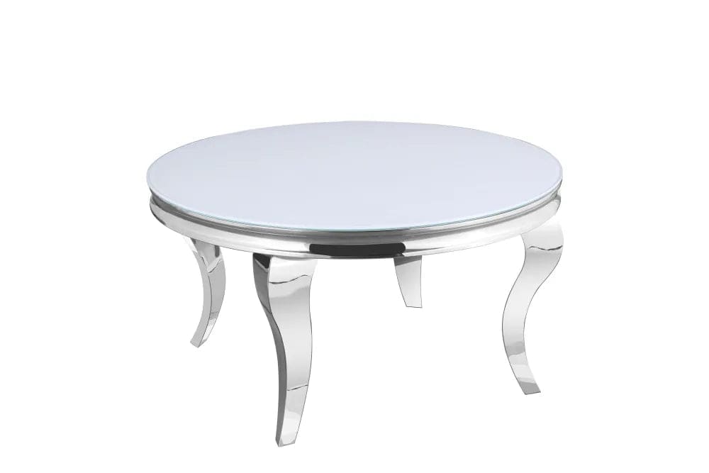 Table basse ronde baroque chrome et plateau en verre de 80 cm