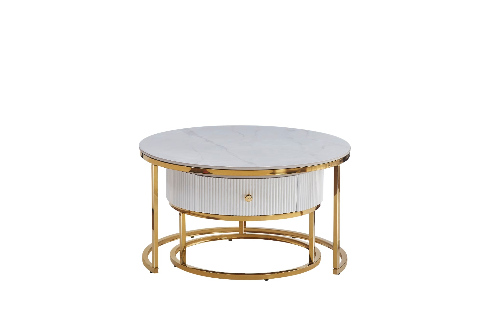 TABLE BASSE GIGOGNE SAMIRA AVEC TIROIR GOLD CERAMIQUE MARBRE BLANC 80+60cm