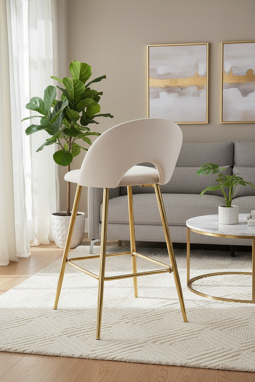 TABOURET DE BAR TEDDY PIED GOLD VELOURS BEIGE