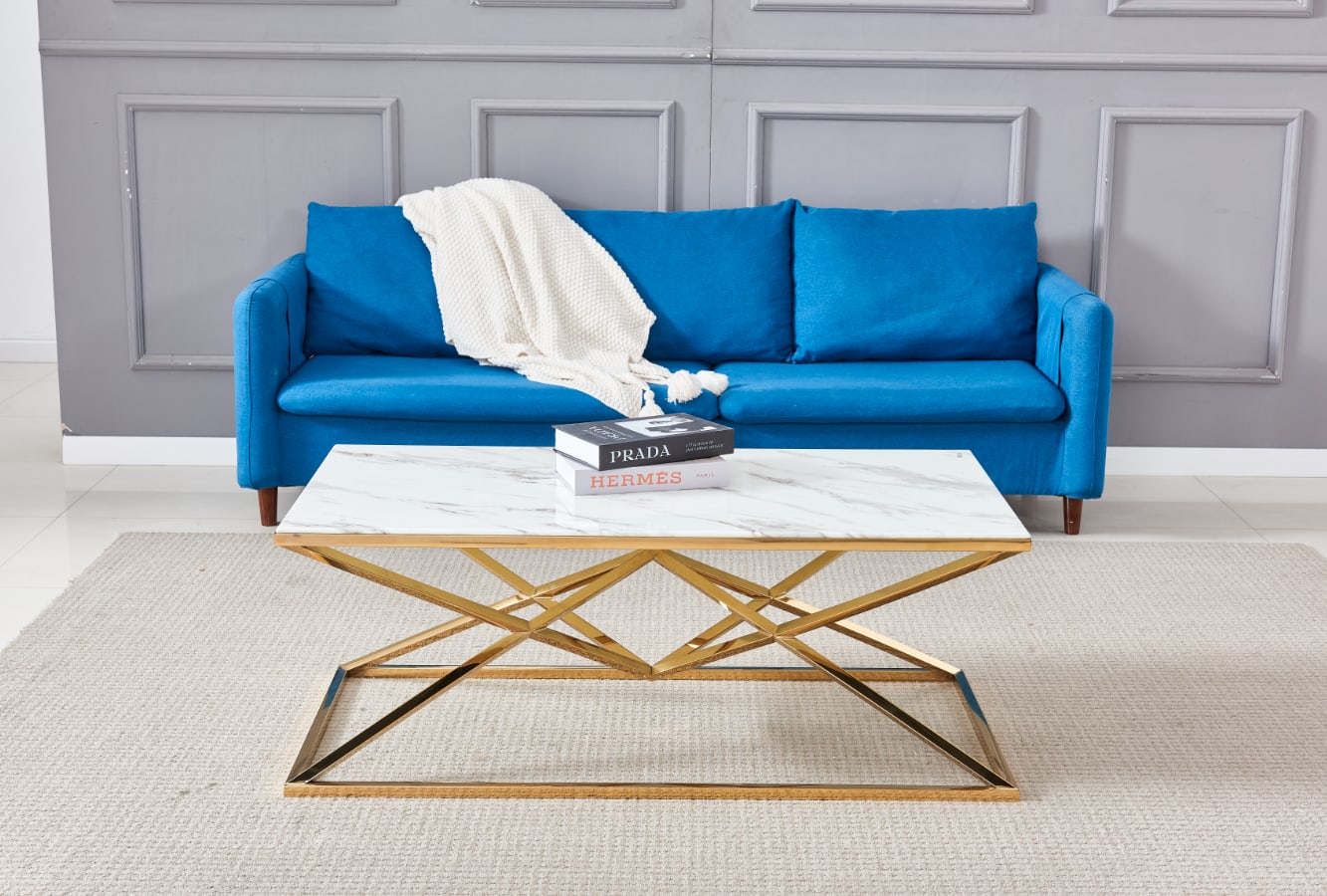 TABLE BASSE PYRAMIDE RECTANGLE GOLD MARBRE BLANC 120x60 cm