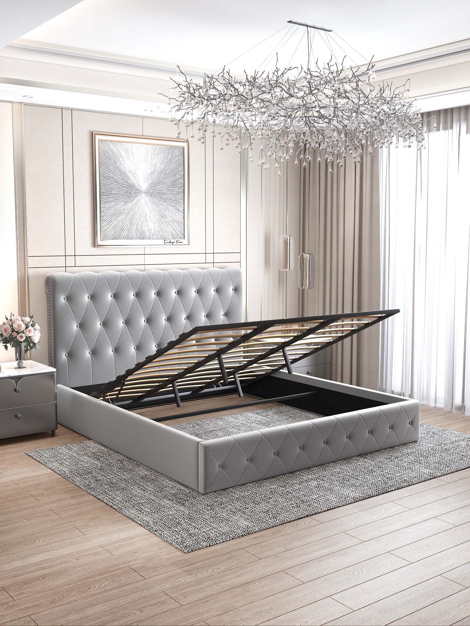 LIT COFFRE CORSICA EN VELOURS GRIS 140x190CM