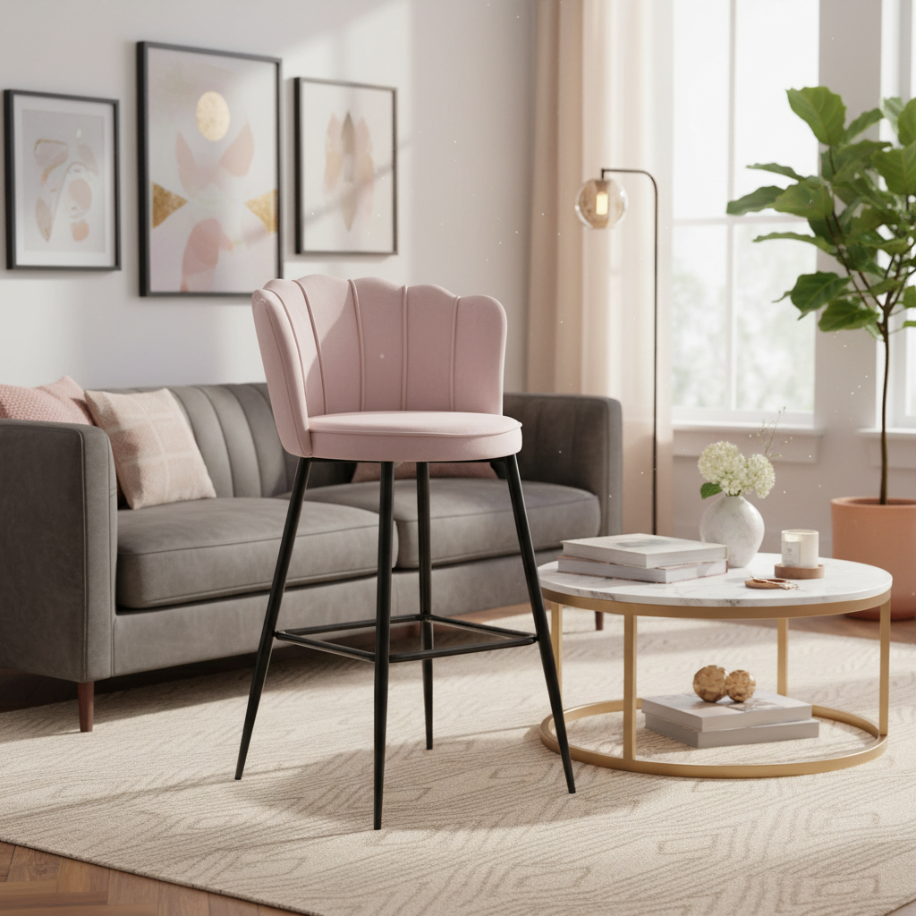 TABOURET DE BAR NYMPHEA METAL NOIR VELOURS ROSE HAUTEUR 65cm