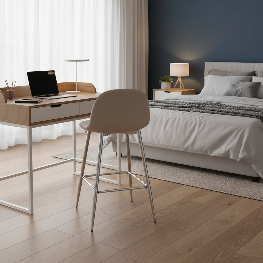 TABOURET DE BAR SCANDINAVE PIED CHROME VELOURS TAUPE