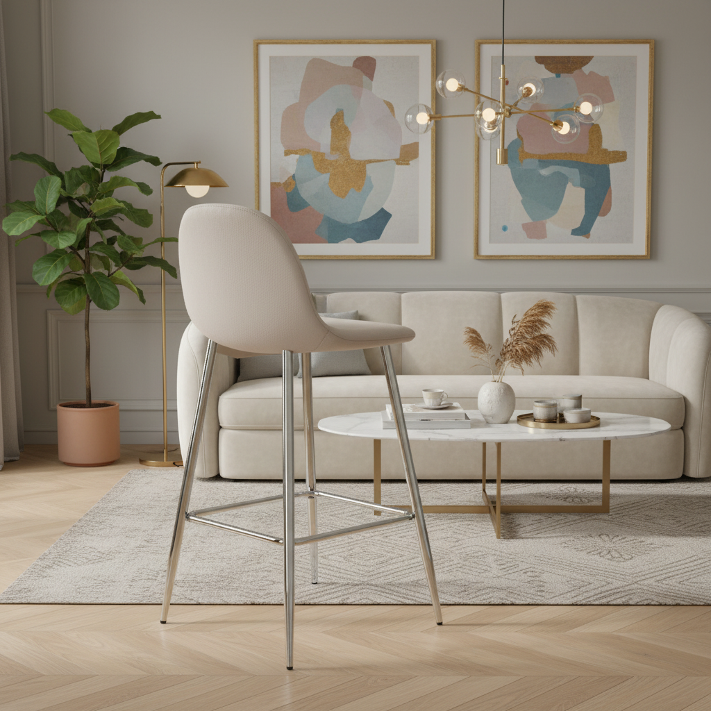 TABOURET DE BAR SCANDINAVE PIED CHROME VELOURS TAUPE