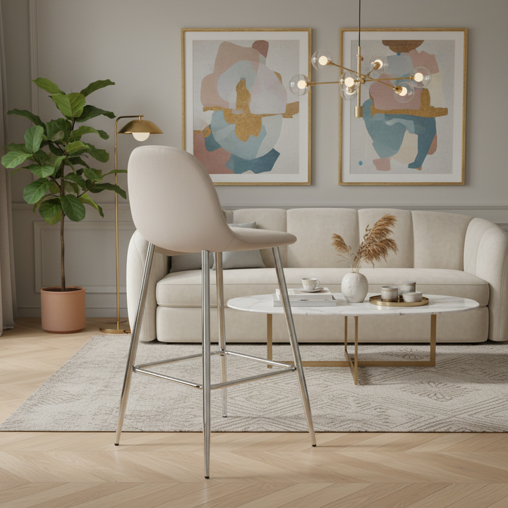 TABOURET DE BAR SCANDINAVE PIED CHROME VELOURS TAUPE