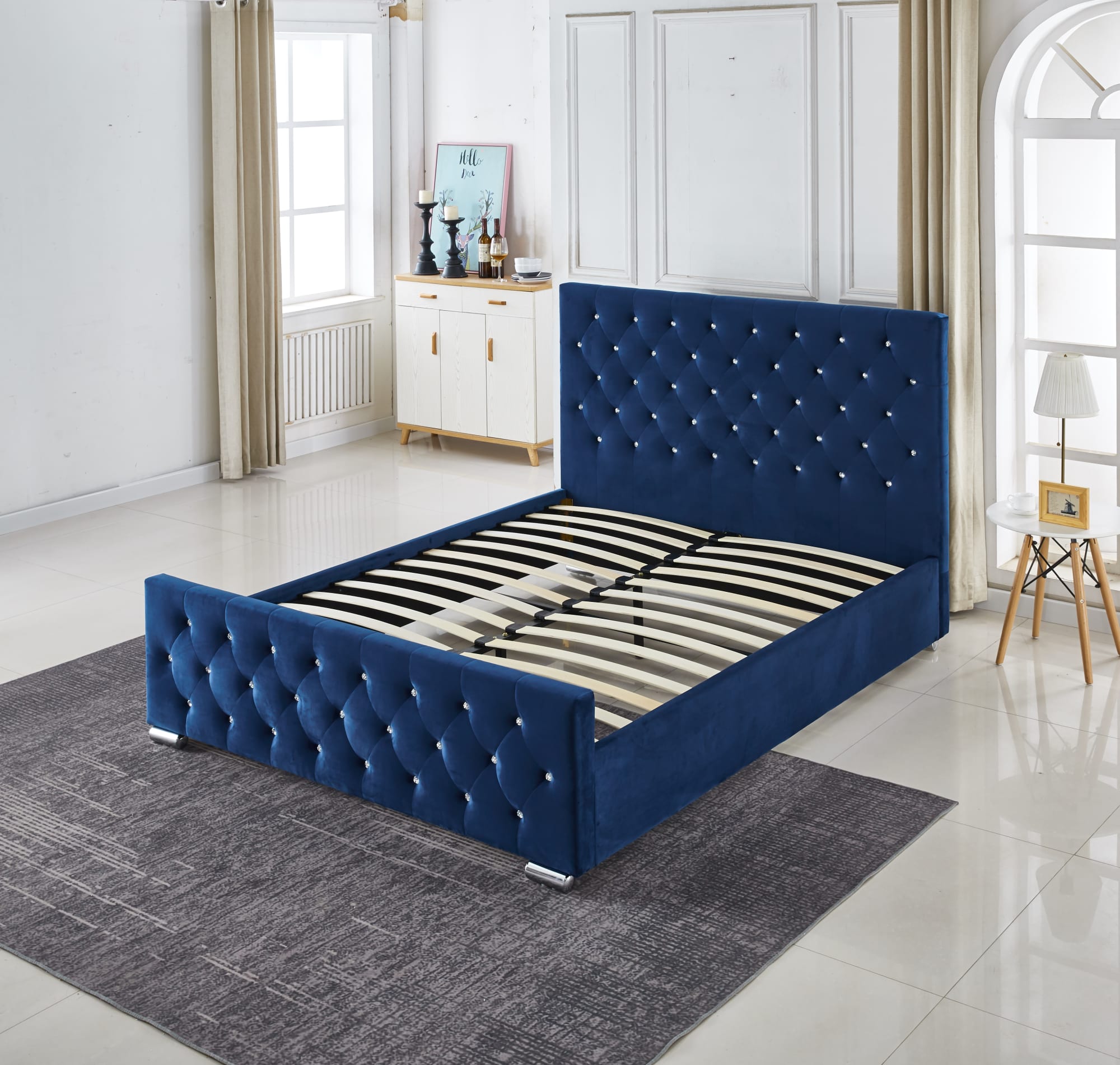 LIT PRESTIGE CAPITONNE AVEC DIAMANT VELOURS BLEU 160x200 cm