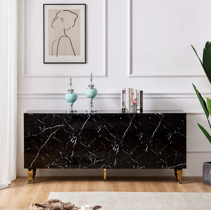 BUFFET BAROQUE LAQUE MARBRE NOIR 4 PORTES 180X40X80 CM PIEDS GO
