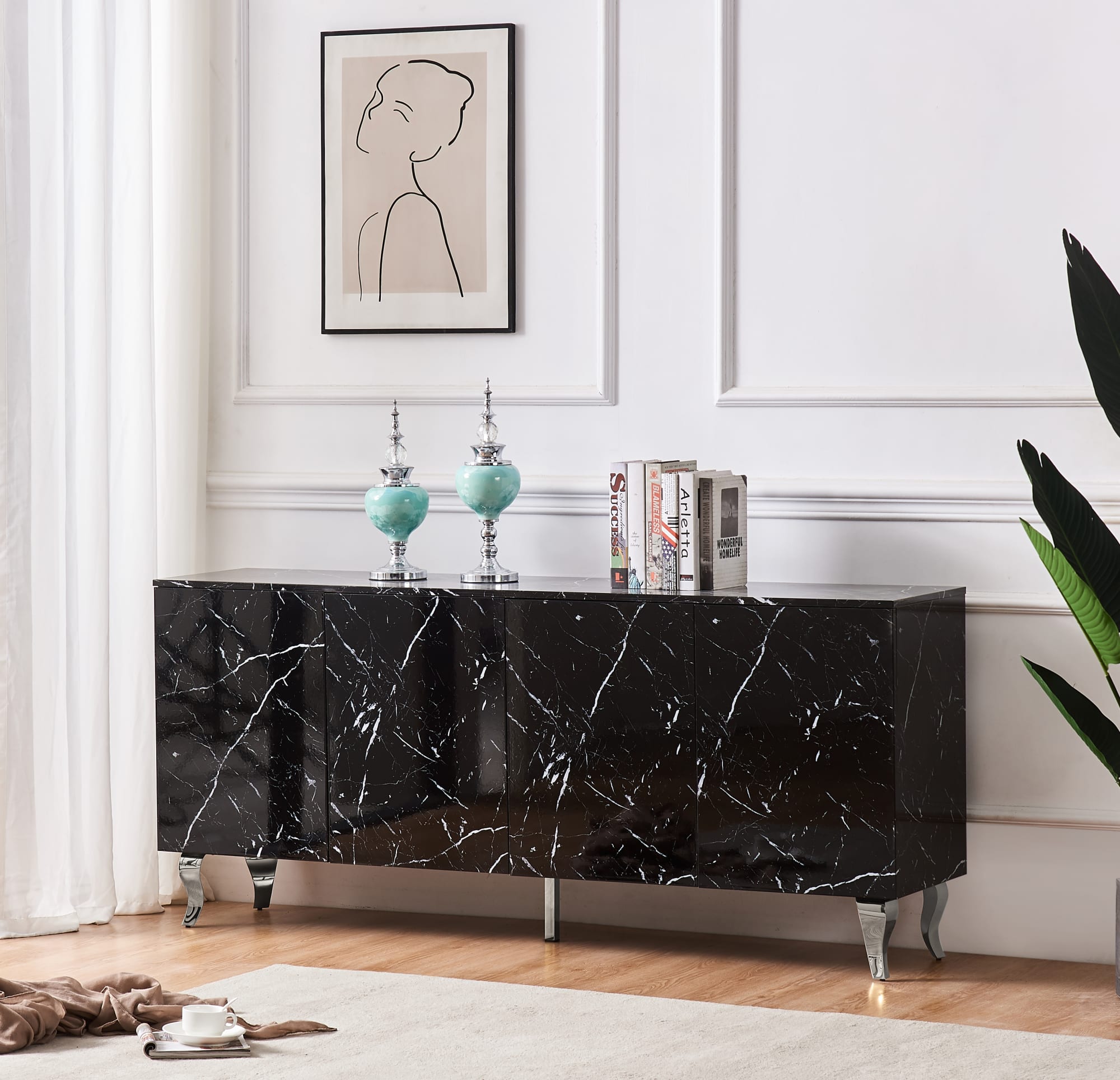 BUFFET BAROQUE LAQUE MARBRE NOIR 4 PORTES 180X40X80 CM PIEDS CH